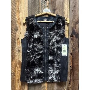 Reba Faux Fur Faux Leather Studded Vest Women M Brown Textured Moto Western Boho
